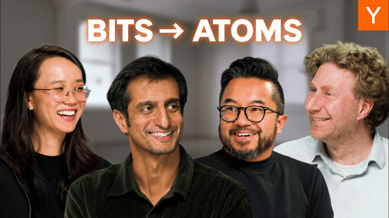 Y Combinator 'The State of Startups in 2026' 대담 영상 썸네일 — BITS → ATOMS 문구와 출연 파트너 4인