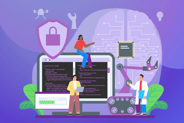 AI 보안과 규범 준수를 상징하는 자물쇠 방패·신경망 회로 일러스트 — EU 집행위 AI 행동강령 뉴스룸 이미지