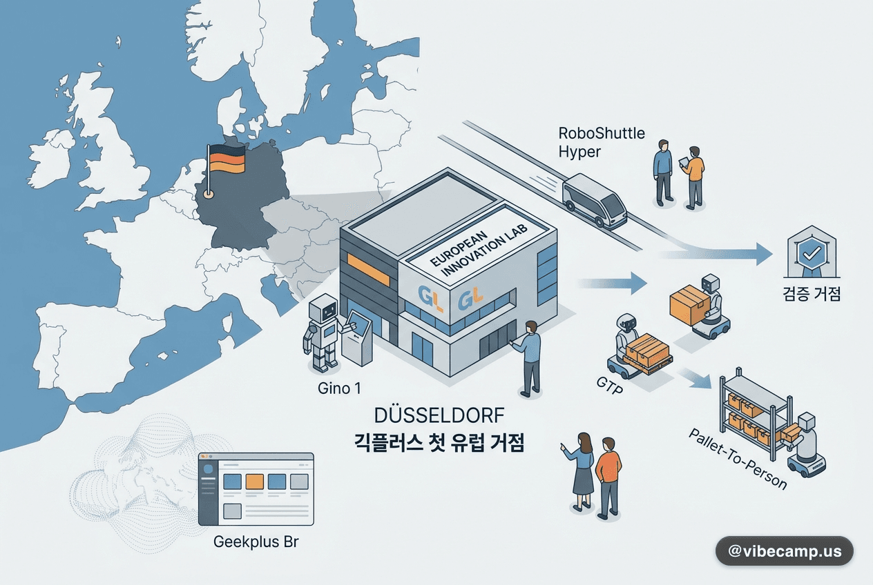 긱플러스(Geek+) 로고가 붙은 유럽 이노베이션 랩 건물 외관과 물류 도크