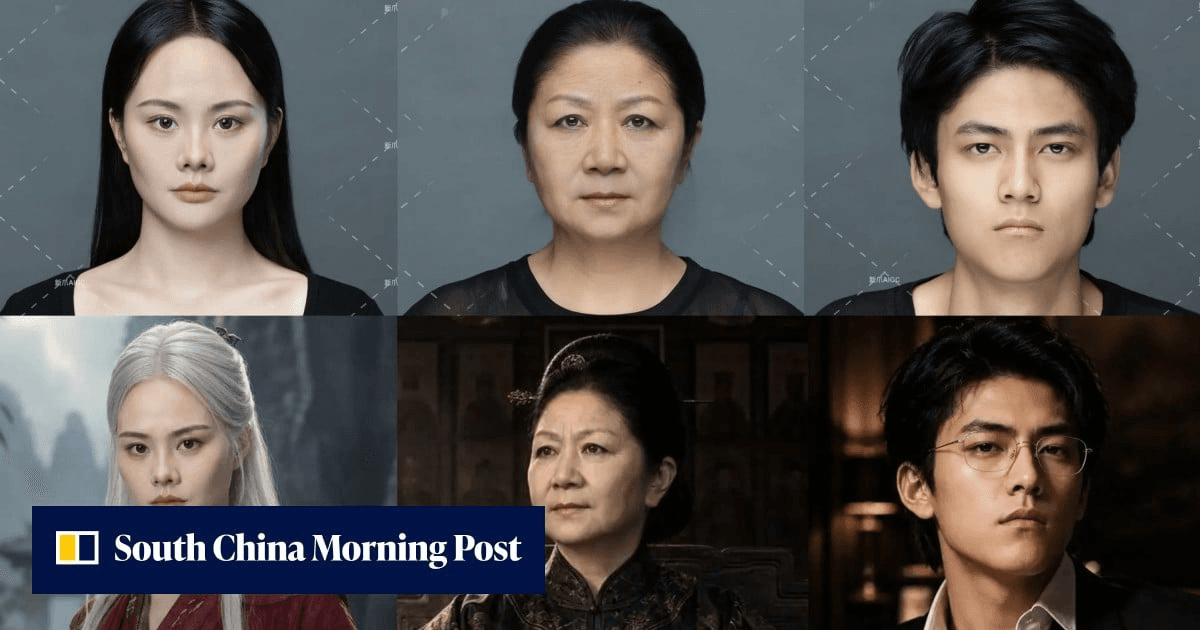 중국에서 얼굴을 AI 콘텐츠 제작자에게 라이선싱한 사례를 보여주는 6분할 이미지 — 실제 촬영본과 AI 변환 결과물 비교