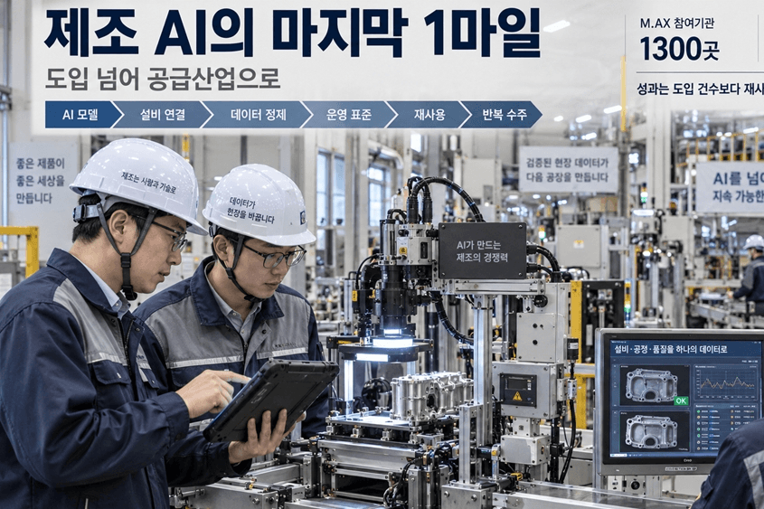 태블릿을 든 엔지니어 두 명이 제조 AI가 적용된 자동화 생산라인 앞에서 설비·공정·품질 데이터를 확인하는 모습