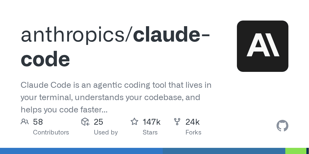 GitHub anthropics/claude-code 저장소 카드 — Claude Code 설명과 스타 147k, 포크 24k 지표