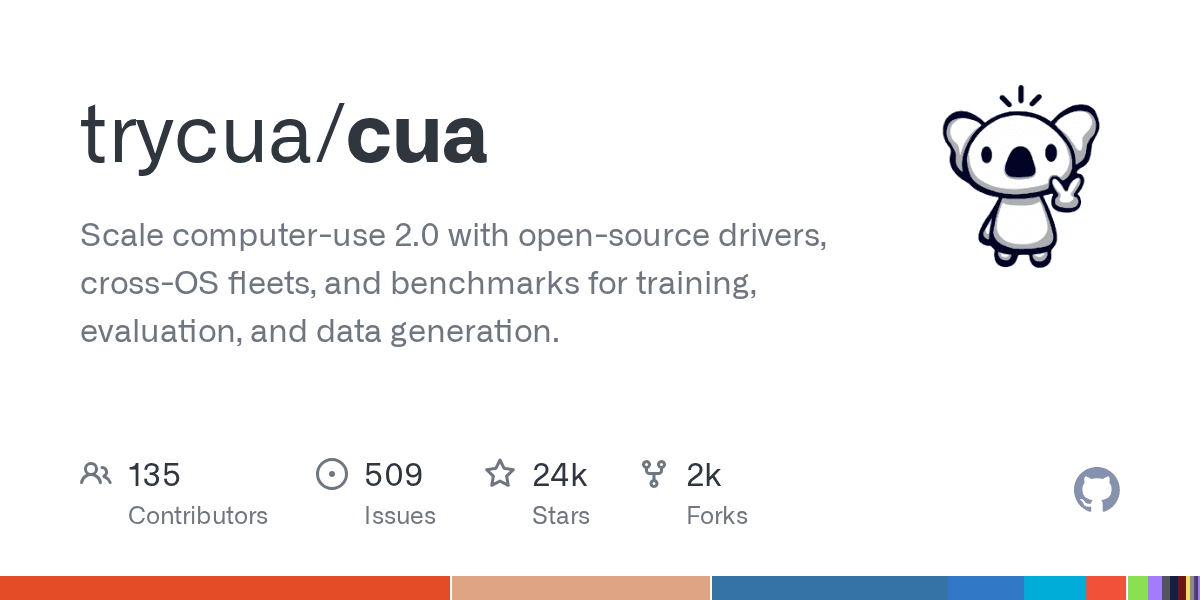 GitHub trycua/cua 저장소 카드 — 오픈소스 컴퓨터 유즈 2.0 드라이버·벤치마크 설명과 스타 24k 지표