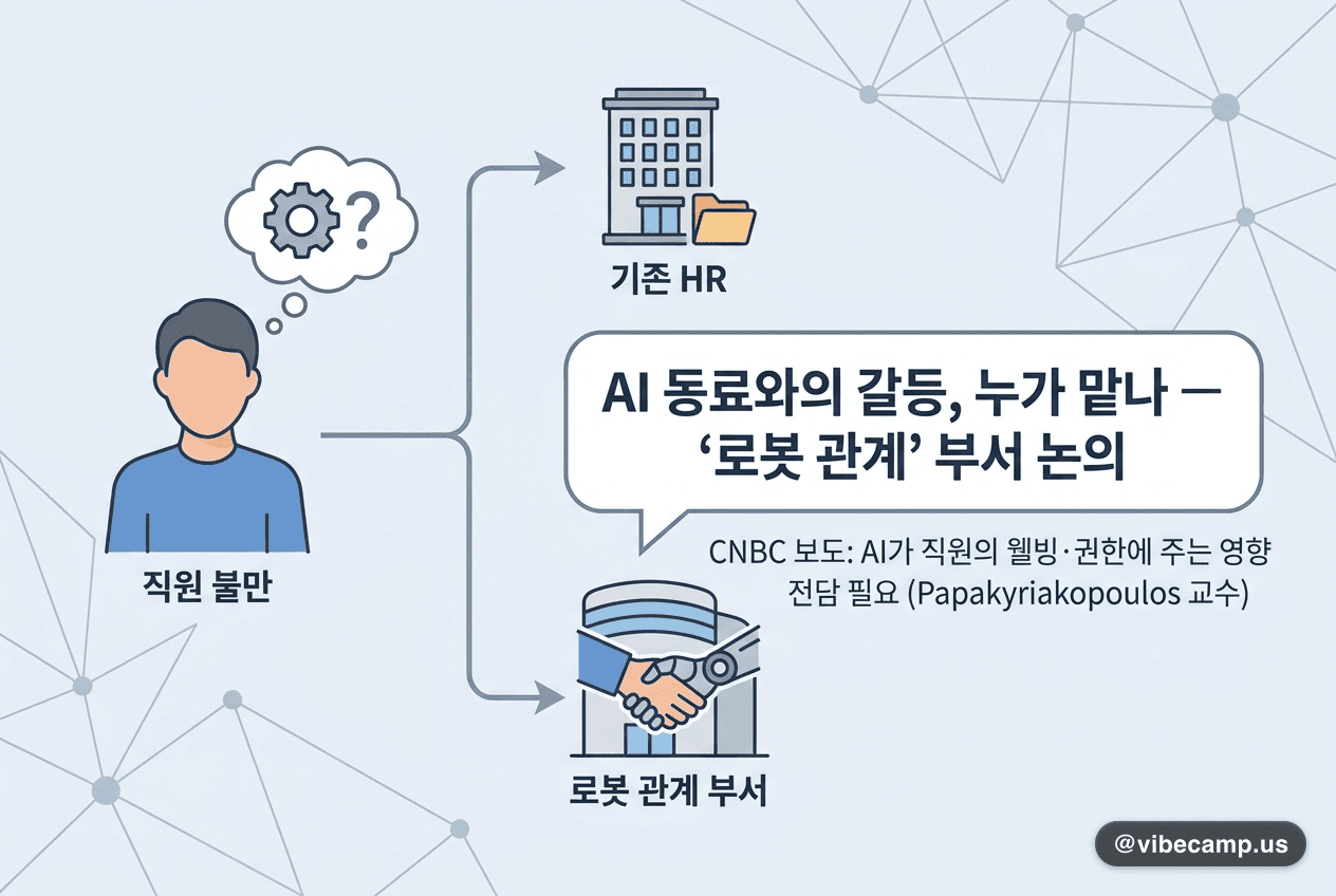 주황색 산업용 로봇 팔이 늘어선 자동차 부품 공장 라인에서 안전모를 쓴 작업자들이 로봇 사이를 오가며 일하는 모습