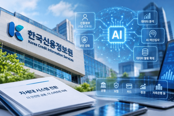 한국신용정보원 건물과 AI 여신심사·데이터 분석·보안 강화 아이콘, 차세대 시스템 전환 문서를 합성한 일러스트