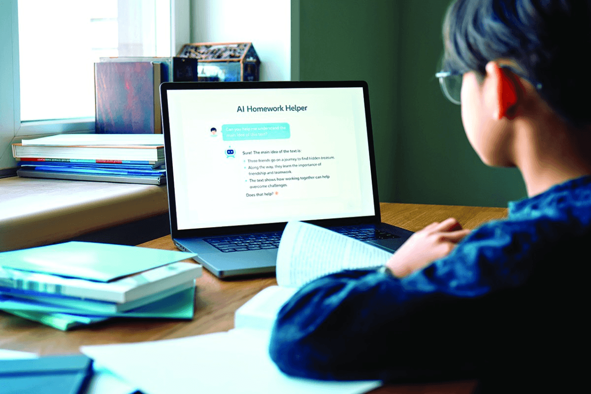 학생이 노트북 화면의 'AI Homework Helper' 대화창을 보며 책과 함께 과제를 하는 뒷모습