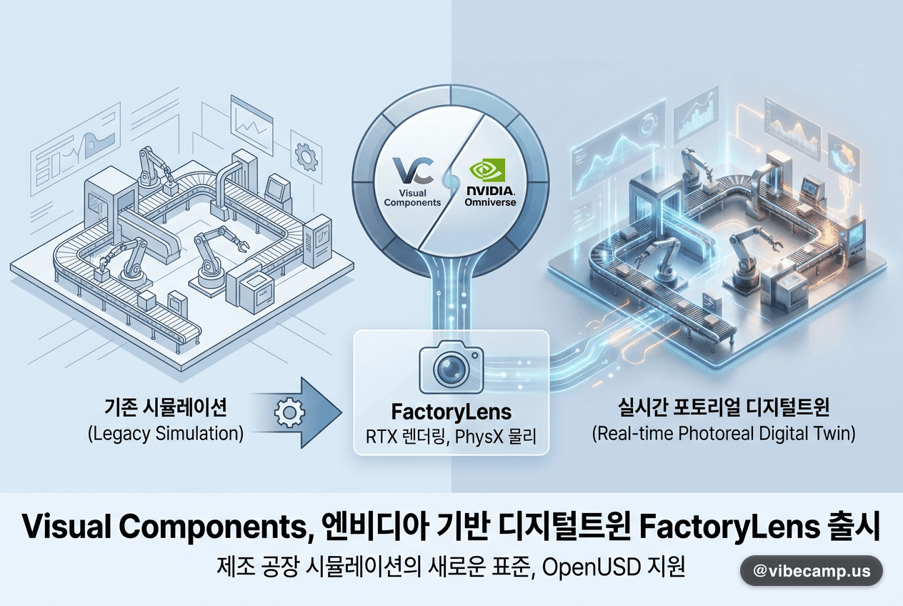 Visual Components 디지털 트윈으로 구현한 공장 레이아웃 3D 와이어프레임 시뮬레이션 화면