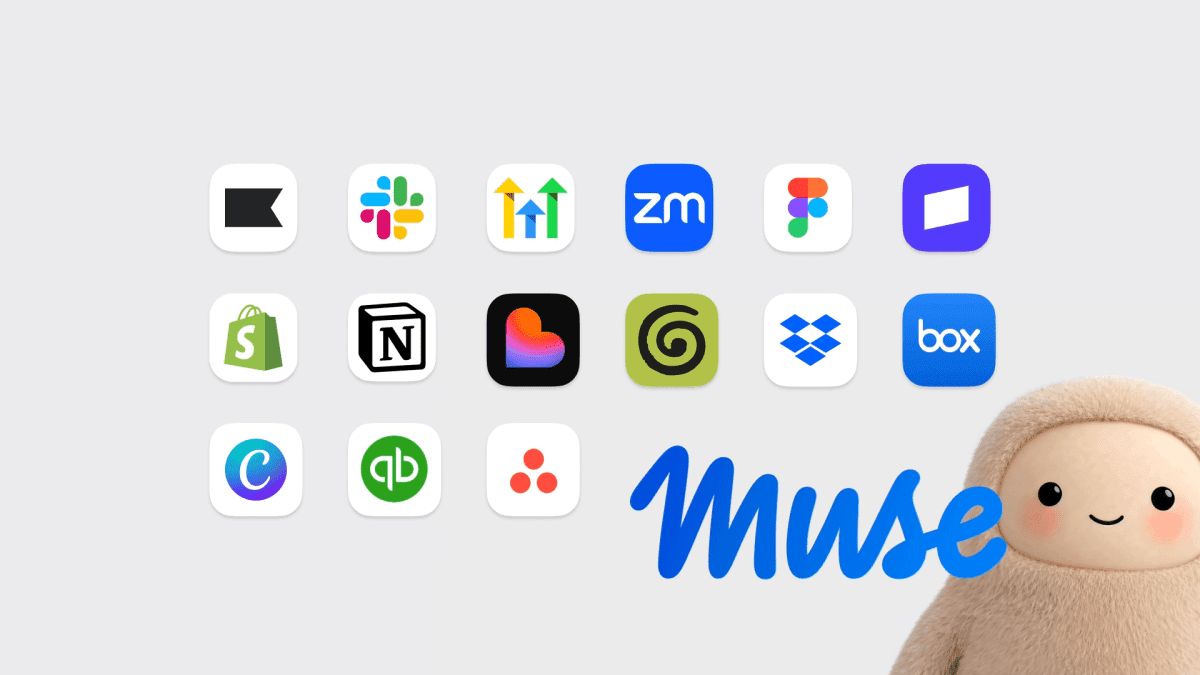 Muse 로고와 Slack·Notion·Shopify 등 연동 앱 아이콘, 마스코트 캐릭터