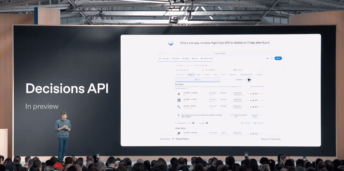 OpenAI 발표 무대 스크린에 표시된 'Decisions API — In preview' 데모 화면