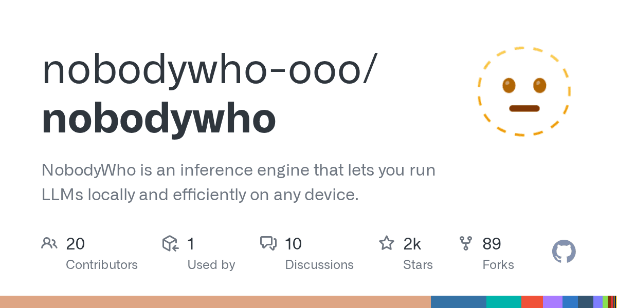 GitHub 저장소 카드 — nobodywho-ooo/nobodywho 로컬 LLM 추론 엔진