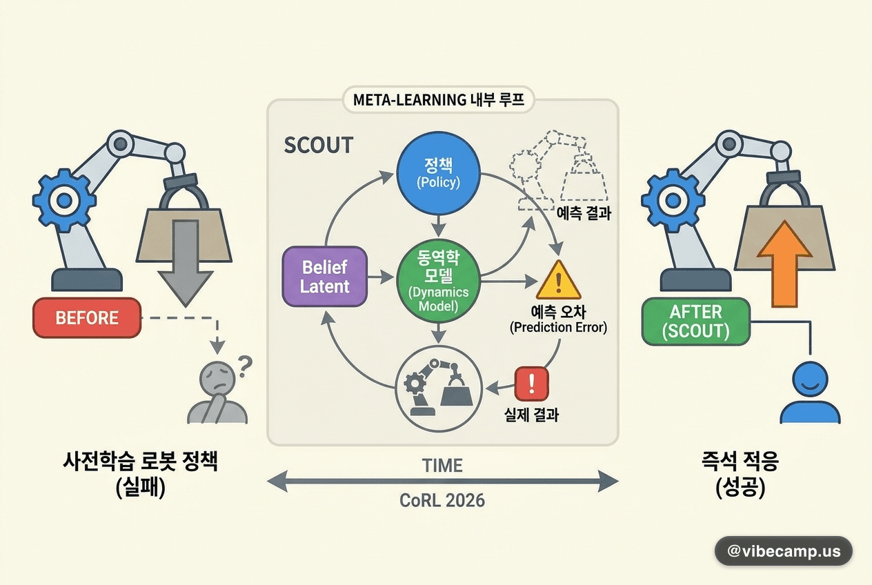 재학습 없이 물리 변화에 즉석 적응 — 예측 오차로 배우는 로봇 정책