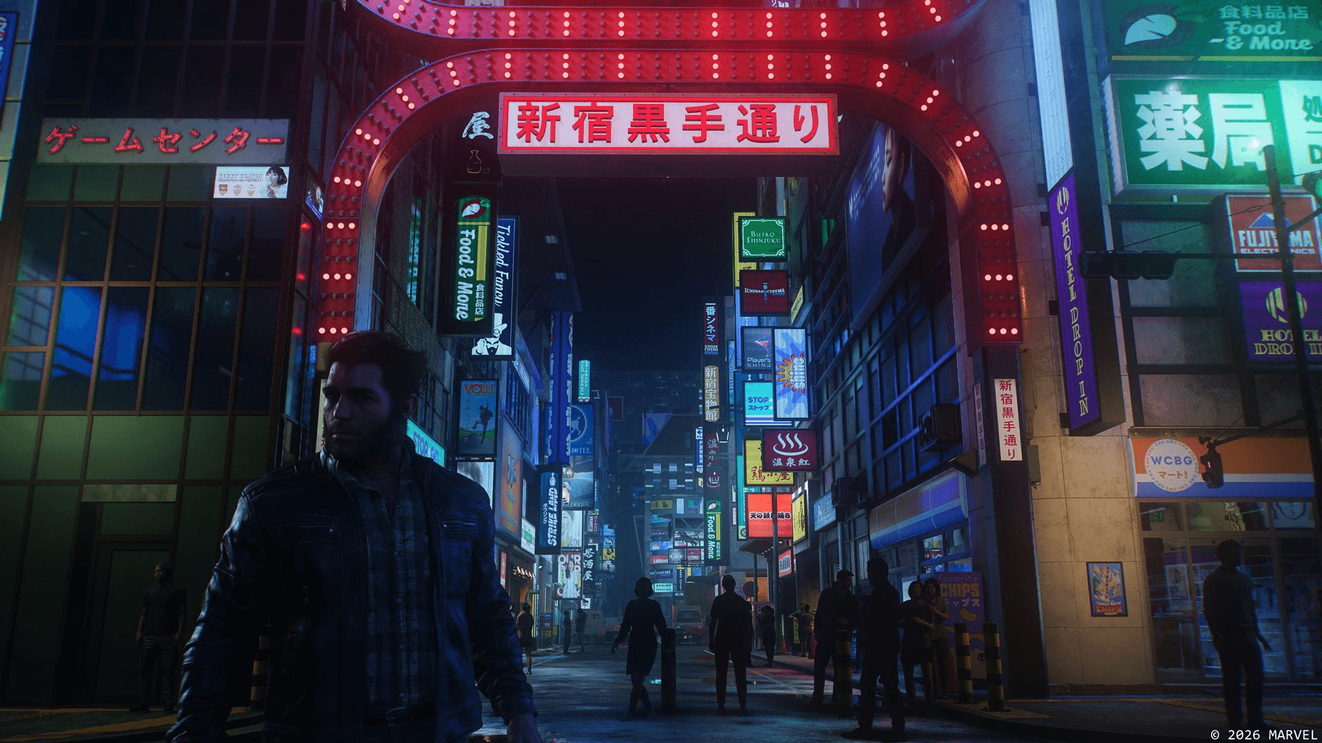 마블 울버린 게임 화면 — 네온 간판이 빽빽한 밤의 신주쿠 골목을 걷는 로건(QSSR 첫 적용작)