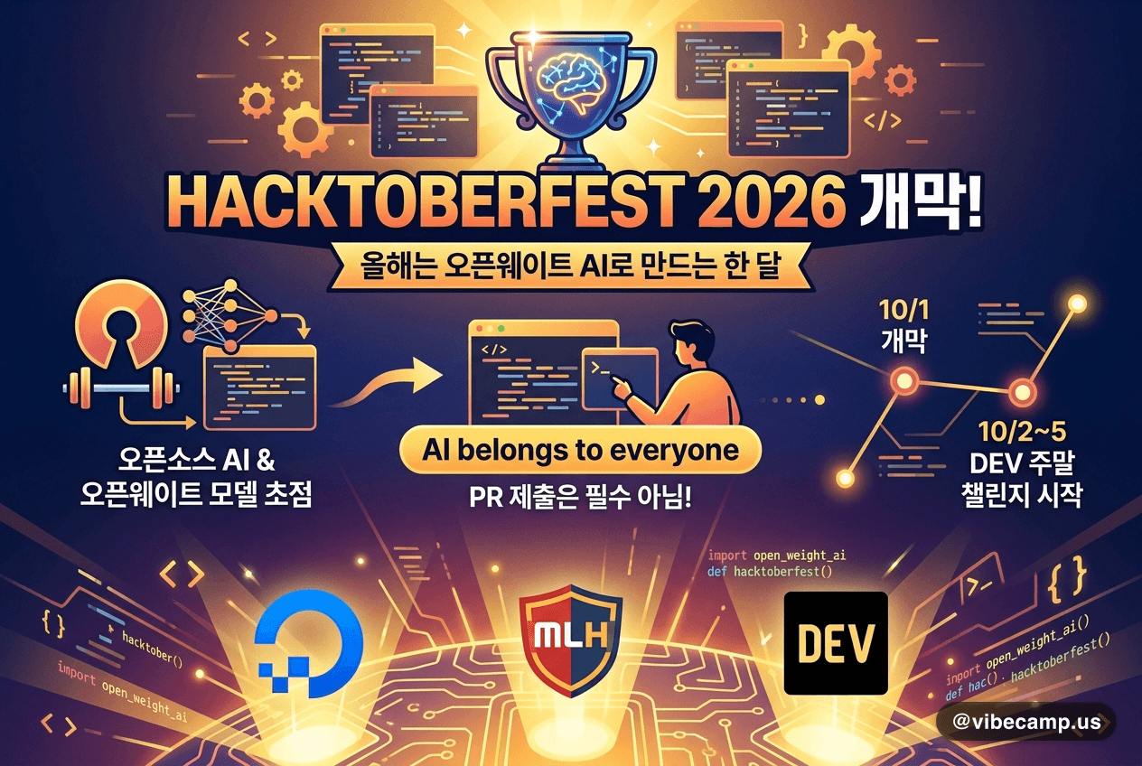 Hacktoberfest 2026 공식 키 비주얼 — 픽셀 패턴의 2026 로고 아트