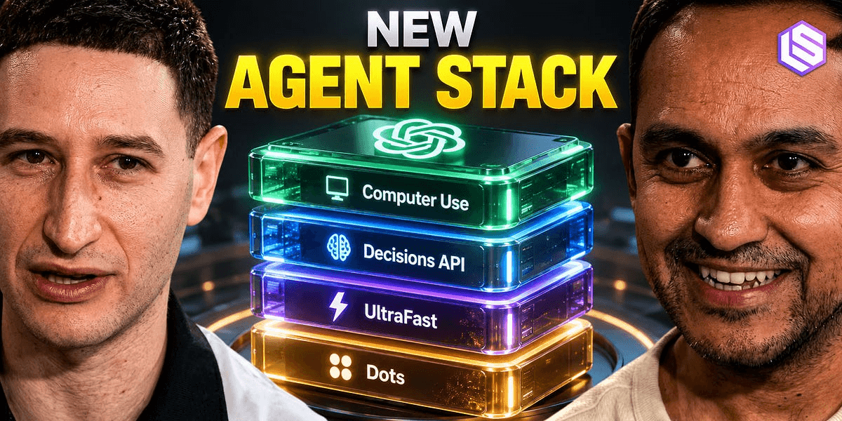 Latent Space 에피소드 썸네일 — 'NEW AGENT STACK'(Computer Use·Decisions API·UltraFast·Dots) 스택과 두 출연자