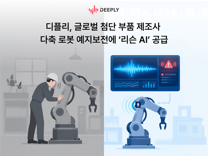 작업자 청음 점검과 음향 AI 대시보드로 로봇 이상을 감지하는 장면을 대비한 디플리 리슨 AI 공급 안내 일러스트