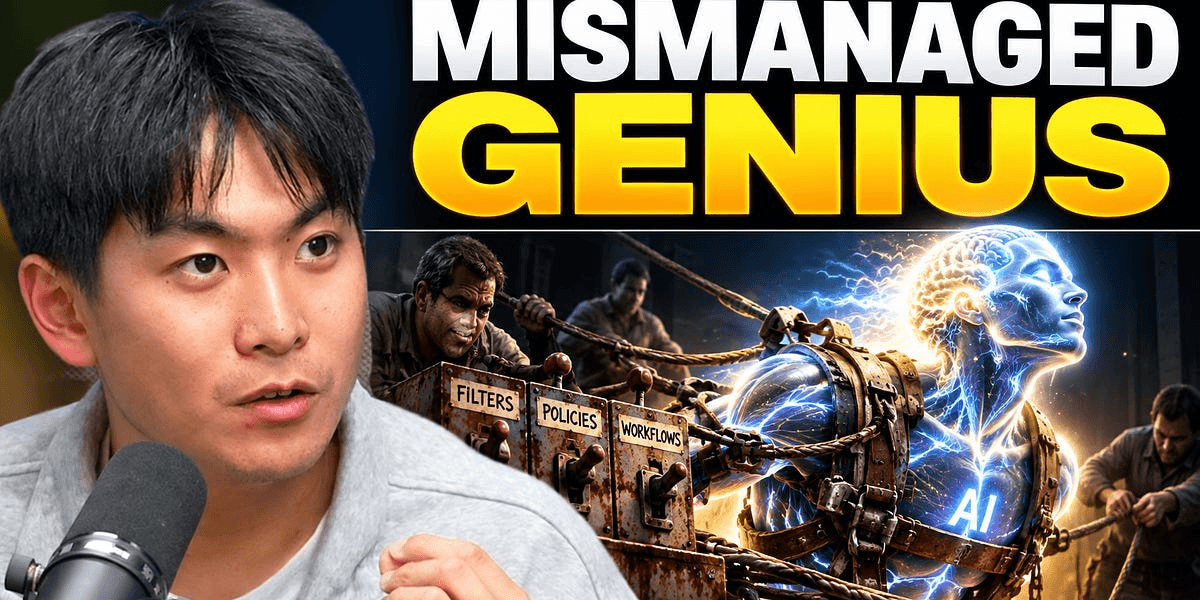 Latent Space 에피소드 썸네일 — 'MISMANAGED GENIUS' 문구와 출연자 Alex Zhang, 필터·정책·워크플로 상자에 묶인 AI 일러스트