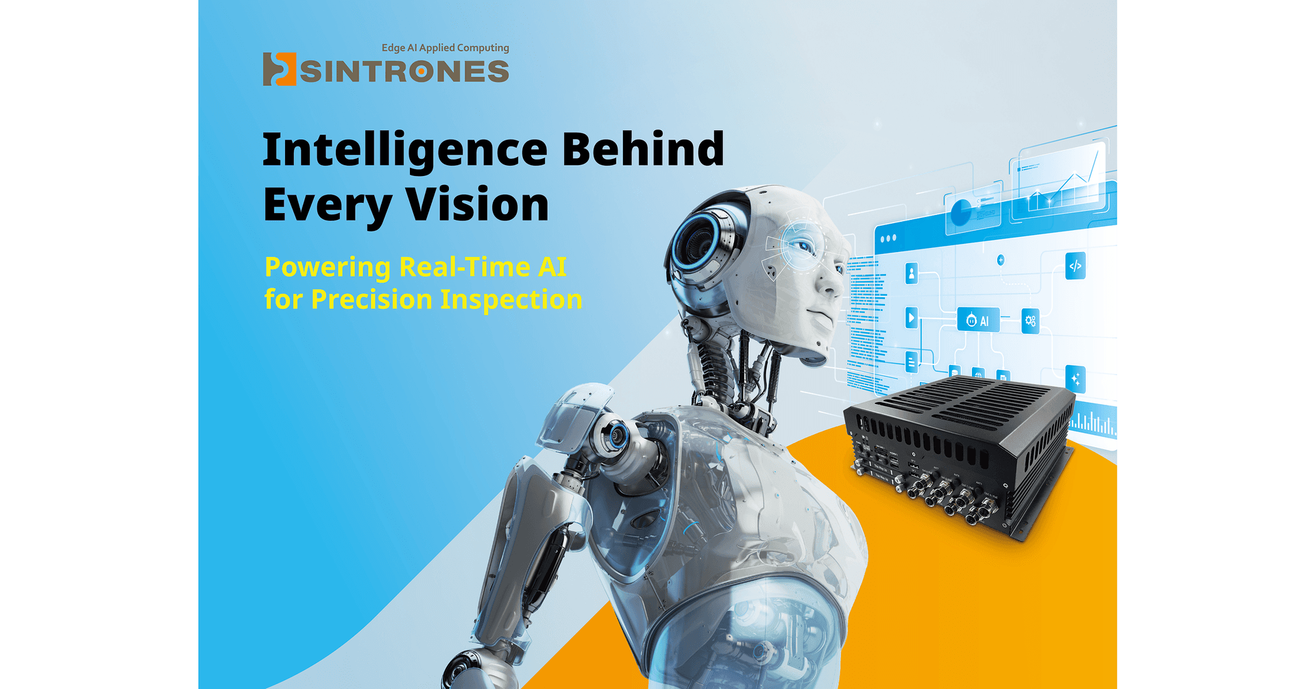 SINTRONES 엣지 AI 컴퓨터와 로봇 그래픽이 담긴 VISION 2026 머신비전 검사 홍보 이미지