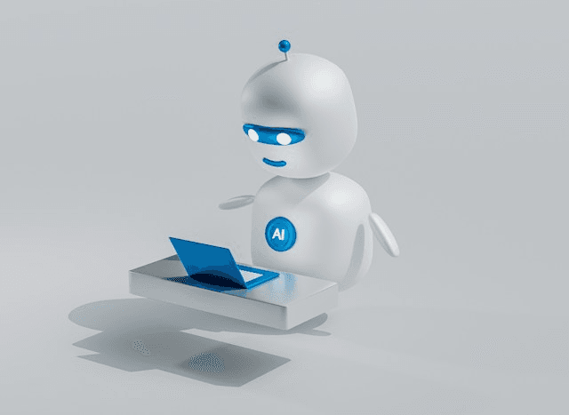 노트북으로 작업하는 3D AI 로봇 일러스트 — 자산관리 고객 온보딩을 자동화하는 AI 에이전트