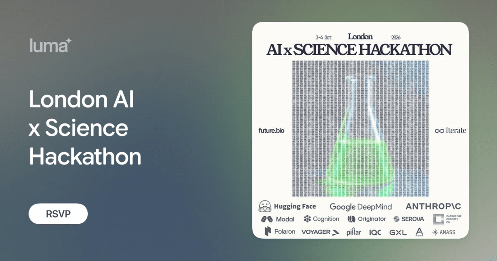 London AI x Science Hackathon 포스터 — 플라스크 일러스트와 Hugging Face·Google DeepMind·Anthropic 등 후원사 로고