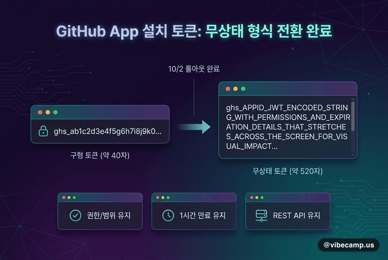 GitHub App 설치 토큰 40→520자, 무상태 형식 전환 완료