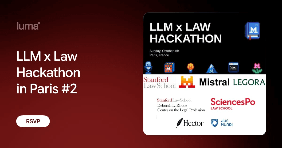 LLM x Law Hackathon Paris #2 포스터 — 10월 4일 파리, 스탠퍼드 로스쿨·Mistral·Legora·Sciences Po 로고