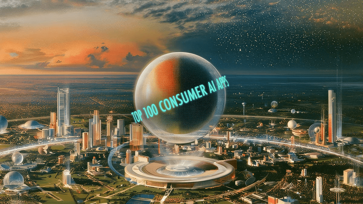 a16z 'Top 100 Consumer AI Apps' 리포트 커버 — 미래 도시 위 유리 구체에 'TOP 100 CONSUMER AI APPS' 문구가 떠 있는 일러스트