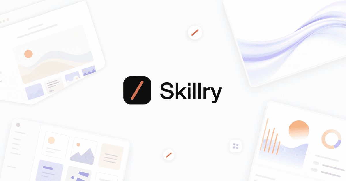 Skillry 랜딩 화면 — 'Skillry - Agent Skills with taste' 문구 아래 에이전트 스킬 아이콘 카드들이 두 줄로 나열된 모습
