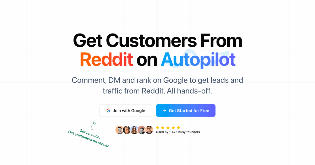 Bazzly 제품 커버 — 'Get Customers From Reddit on Autopilot' 헤드라인과 가입 버튼이 있는 랜딩 화면