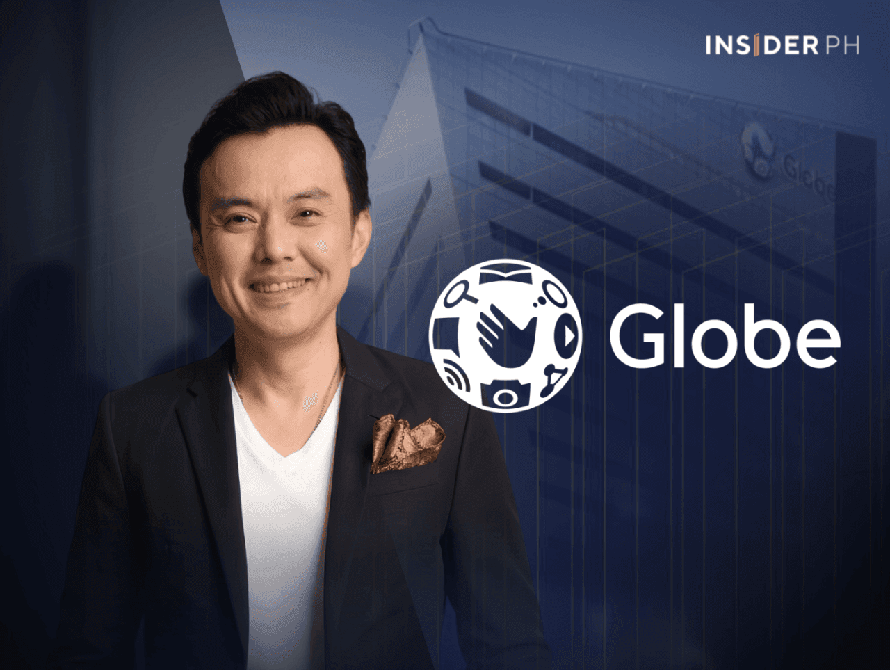안톤 보니파시오 Globe Telecom 최고인텔리전스·신뢰책임자의 사진과 Globe 로고, 본사 건물을 합친 InsiderPH 기사 대표 이미지