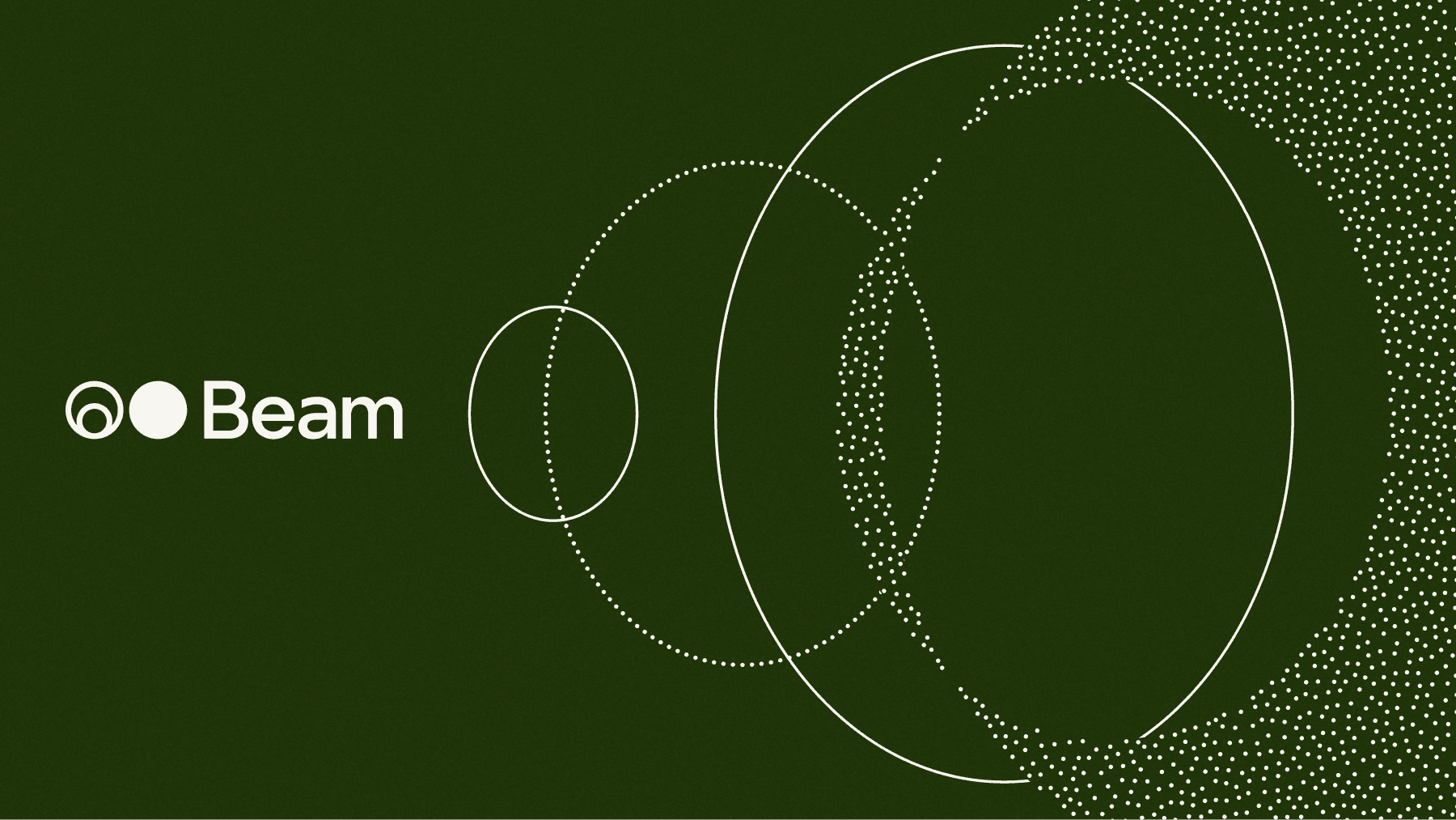 Reflection AI 'Beam' 발표 커버 — 짙은 녹색 배경에 Beam 로고와 점선·실선 동심원이 퍼져 나가는 그래픽