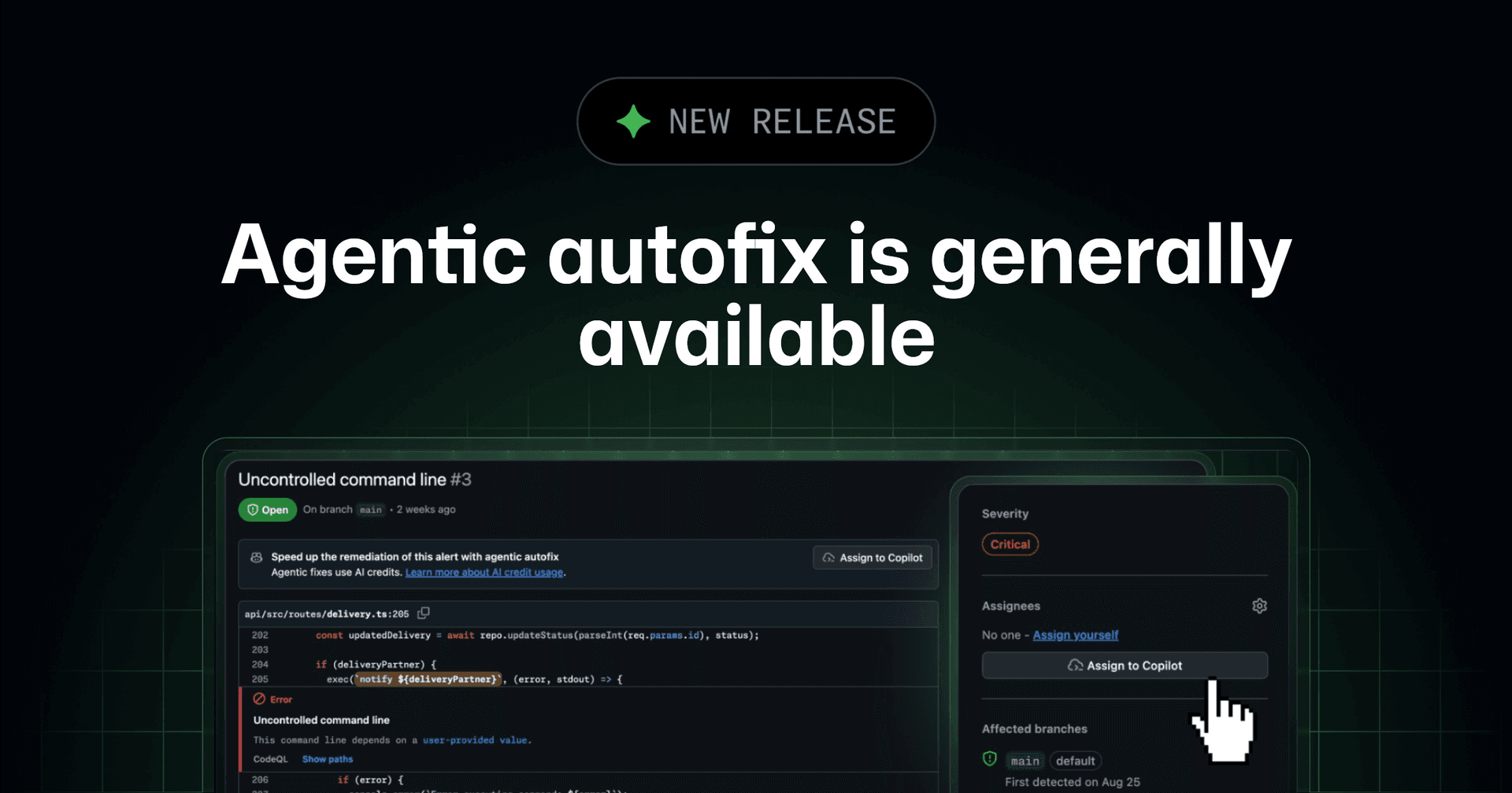 GitHub 'Agentic autofix is generally available' 릴리스 이미지 — 코드 스캐닝 알림 화면과 Assign to Copilot 버튼