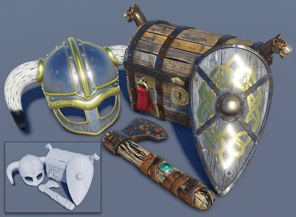 AI로 PBR 텍스처를 입힌 바이킹 투구·나무 보물상자·켈트 문양 방패·도끼 3D 에셋과, 텍스처 적용 전 회색 무텍스처 모델을 보여주는 왼쪽 아래 삽입 이미지