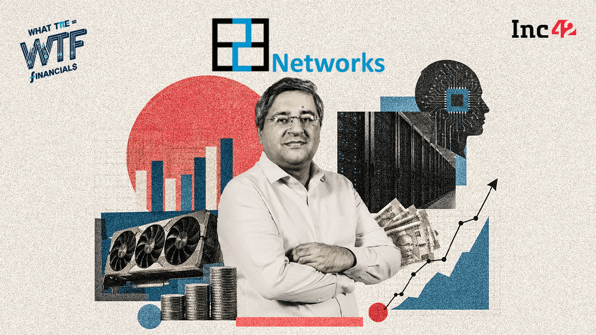 E2E Networks 로고와 GPU·서버·상승 그래프를 담은 Inc42 실적 기사 일러스트