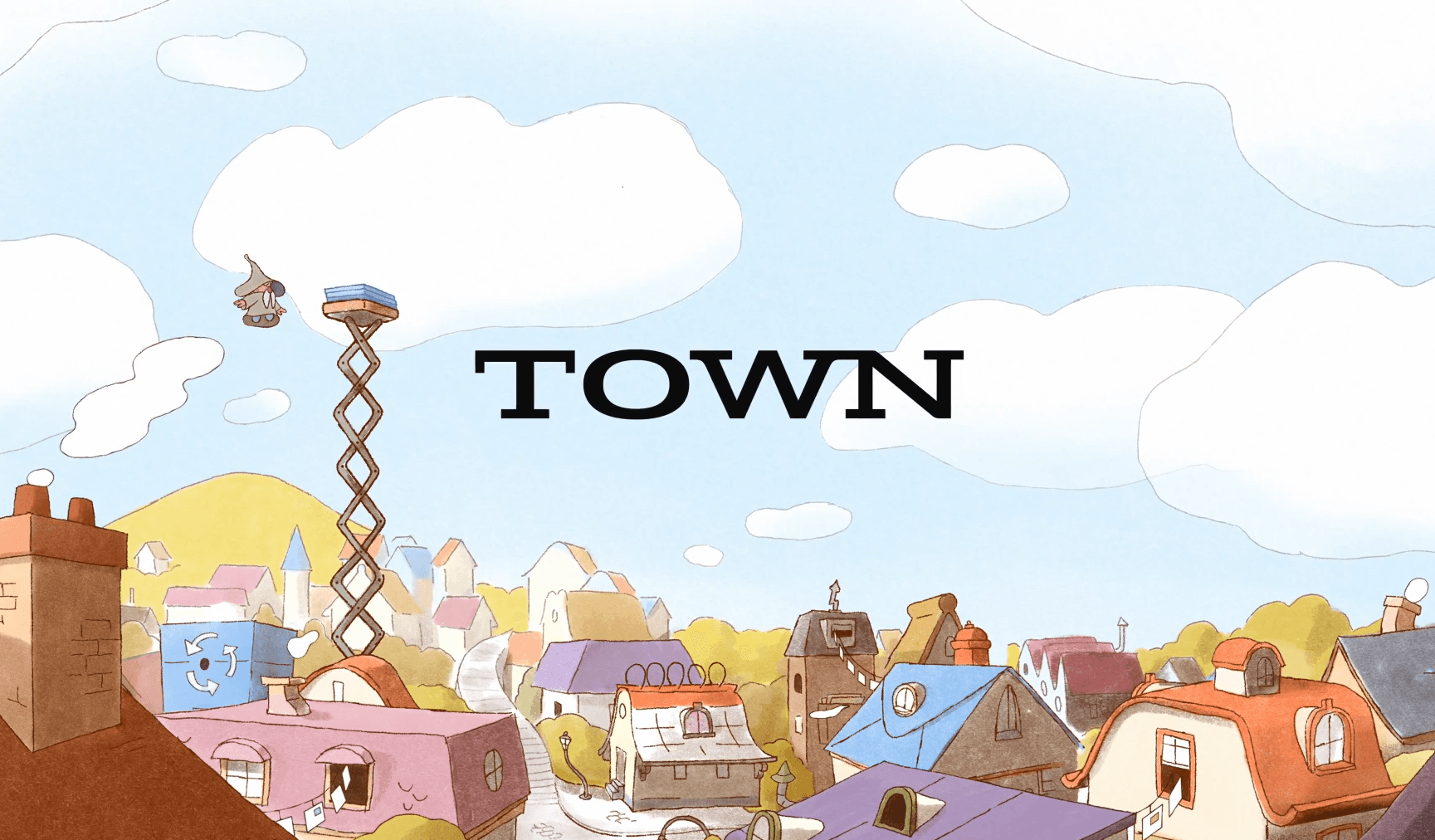 AI 비서 스타트업 Town의 일러스트 브랜드 이미지(마을 풍경과 TOWN 로고)