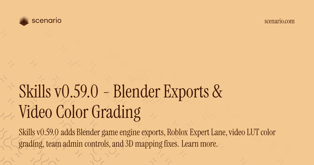 Scenario Skills v0.59.0 릴리스 안내 카드 — Blender 내보내기와 비디오 색보정 기능 소개