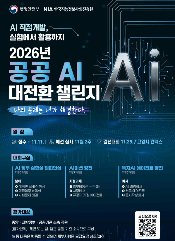 행정안전부·NIA '2026년 공공 AI 대전환 챌린지' 공식 포스터 — 접수 11월 11일까지, 결선 11월 25일 고양 킨텍스