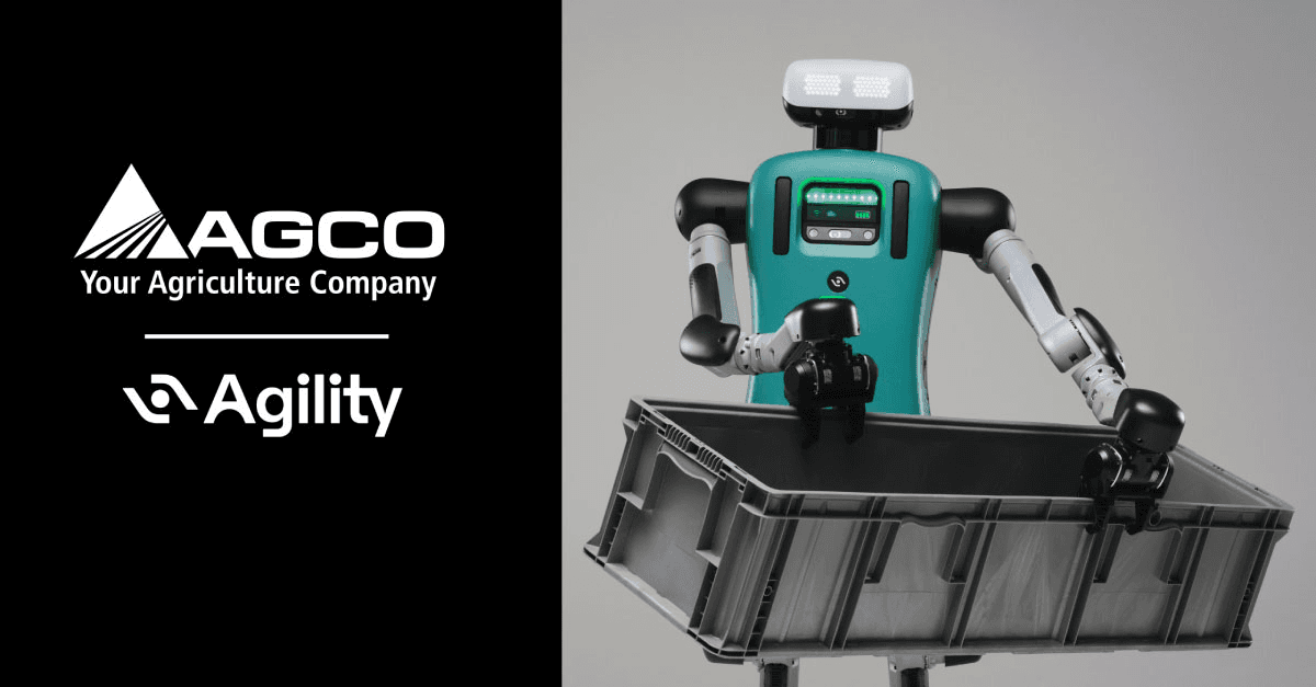 Agility Robotics 휴머노이드 로봇 Digit이 회색 물류 상자를 들고 있는 모습과 AGCO·Agility 로고
