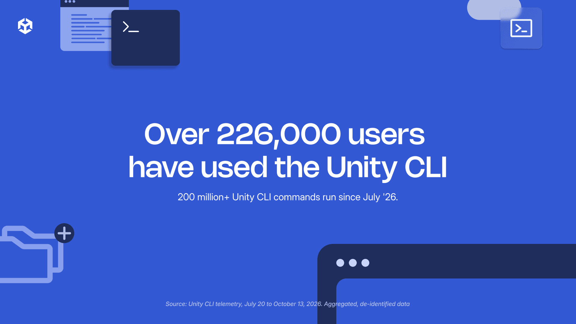 Unity 블로그 그래픽 — Unity CLI 사용자 22만 6천 명 이상, 2026년 7월 이후 2억 건 이상 명령 실행