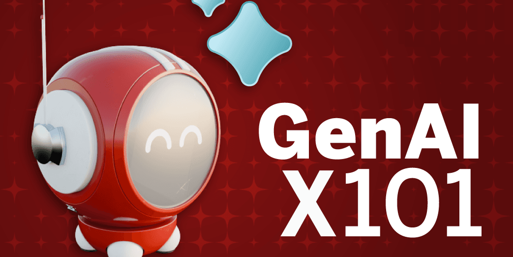 인디애나대 신규 학점 과목 'GenAI X101' 안내 그래픽 — 빨간 로봇 캐릭터 일러스트