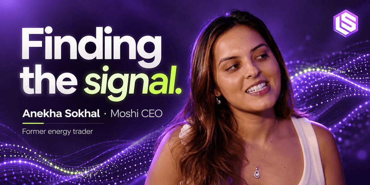 Latent Space 팟캐스트 썸네일 — 'Finding the signal.' 문구와 함께 웃고 있는 Moshi CEO 아네카 소칼