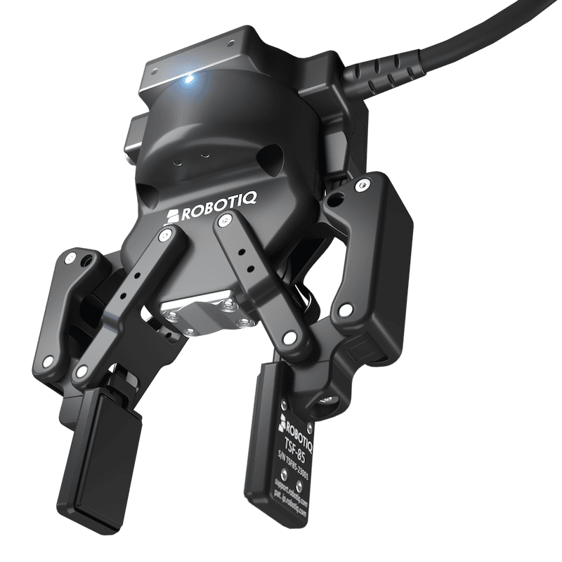 Robotiq 2FC 피지컬 AI 그리퍼 제품 사진 — 검은색 2지 그리퍼와 촉각 센서 핑거