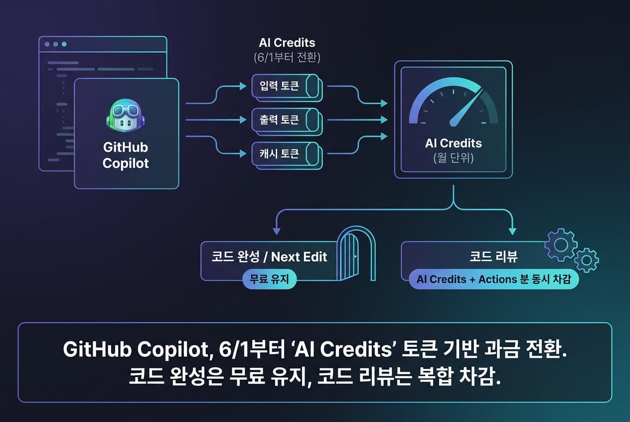 GitHub Copilot, 6/1부터 토큰 기반 'AI Credits' 과금으로 전환